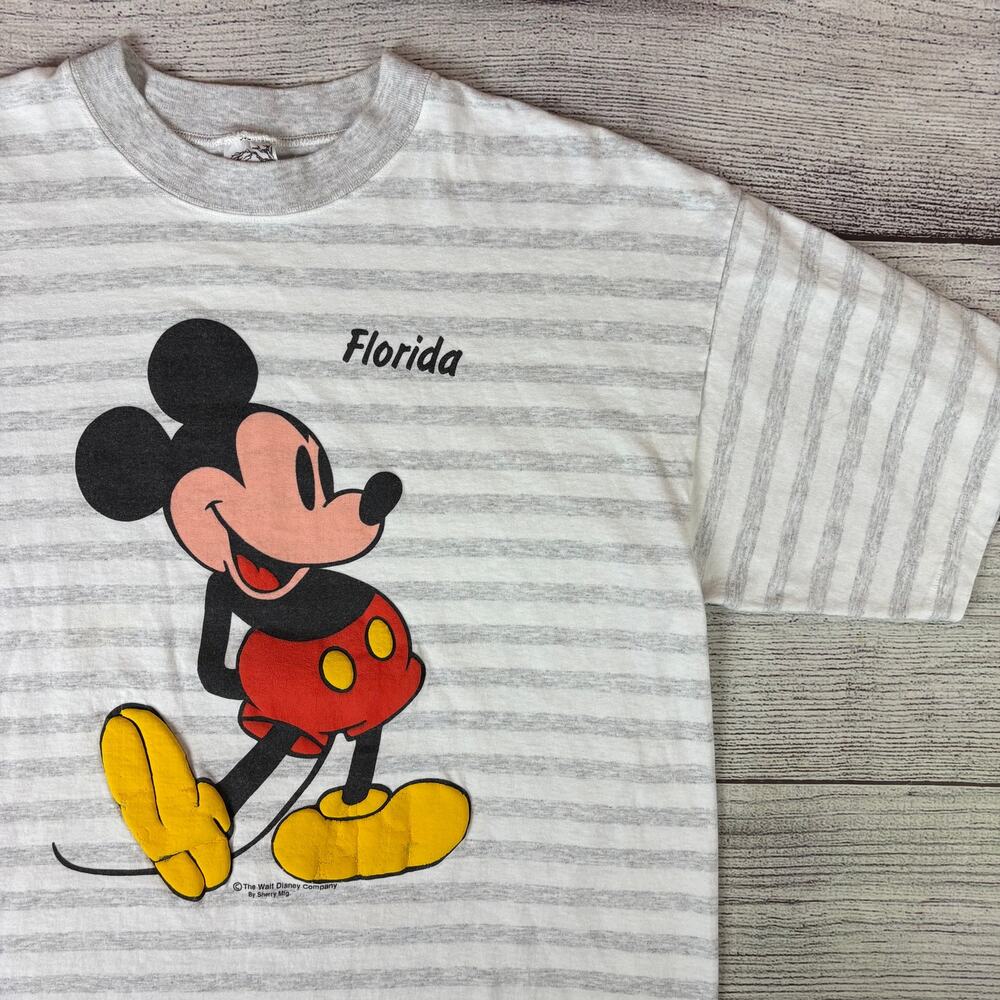 Vintage 1990s Mickey Mouse Florida Disney Cartoon Striped T-shirt